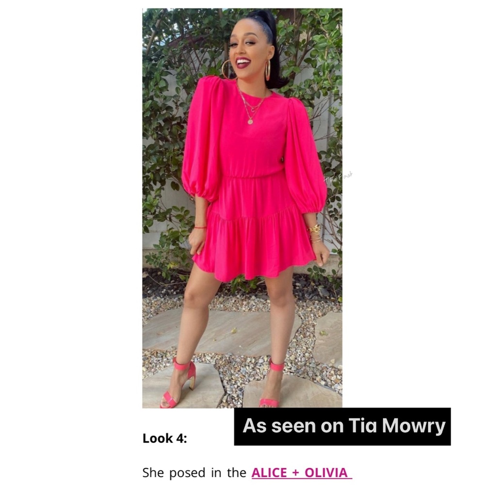 Alice + Olivia Shayla Bold Pink Puff Sleeve Mini Dress - Picture 4 of 16